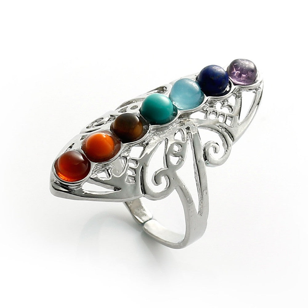 Reiki Chakra Yoga Hollow Butterfly Adjustable Ring 7 Chakra Stones Yoga Point