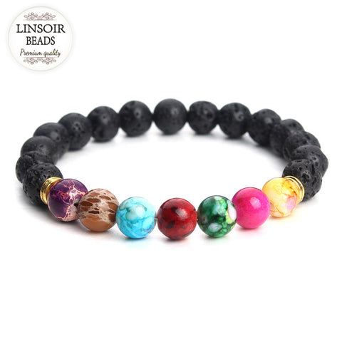 2017 7 Reiki Chakra Healing Balance Bracelet Natural Stone Black Lava Beaded Mala Yoga Bracelets for Men Women Pulseras F3770