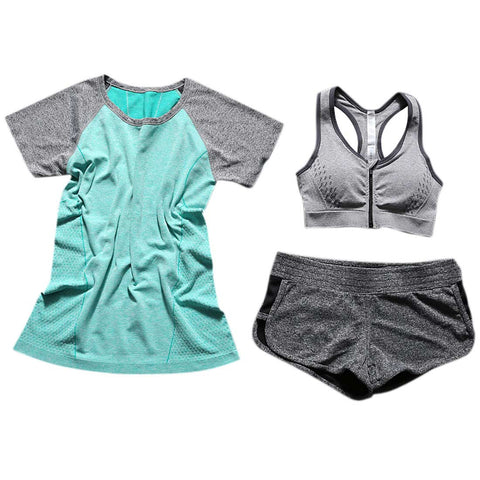 New Brand Female Shockproof Sport Bra Sets 3 Piece Fitness Gym Pant Quick-drying Yoga Suit Green M
