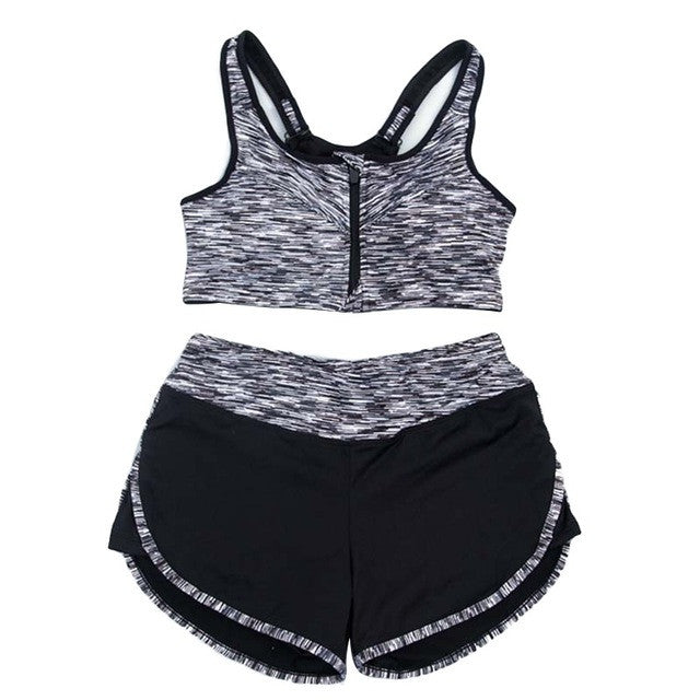 Women Satin Print Yoga Sets Running Sports Bra Zipper+ Shorts Set Fitness Gym Push Up Seamless Bras Tops Elastic Short Pants