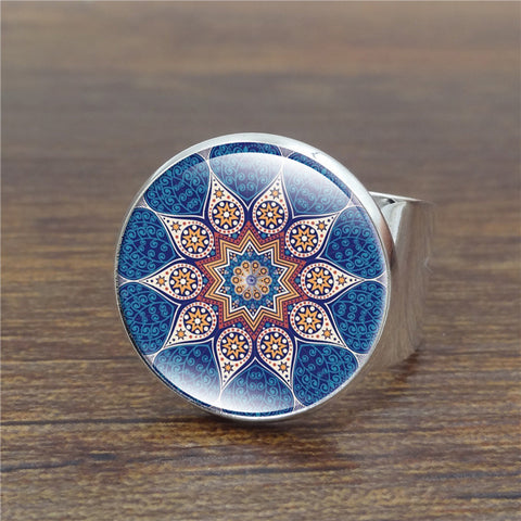 Mandala Flower Vintage Ring Handcrafted Art Glass Dome Bronze Ring Creative Jewelry India Yoga OM Symbol Rings for Women Gift