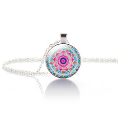 Vintage Jewelry Silver Plated with OM Symbol Buddhism Mandala Glass Cabochon Yoga Pendant Choker Glass Necklace India Jewelry