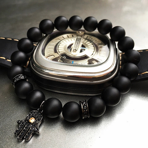 Mcllroy Black Matte Beaded Bracelet Energy Stone Bracelet Hamsa Hand Bangle Charm Yoga Mala Bracelets With CZ Stoppers
