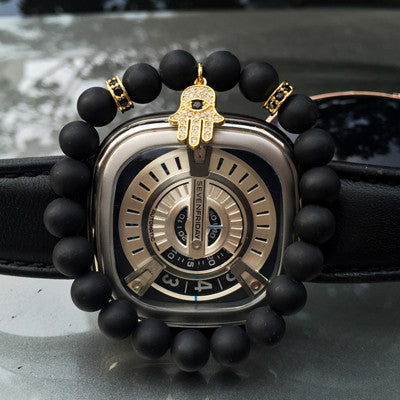 Mcllroy Black Matte Beaded Bracelet Energy Stone Bracelet Hamsa Hand Bangle Charm Yoga Mala Bracelets With CZ Stoppers