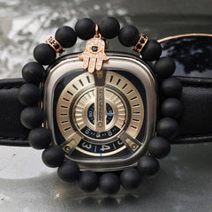 Mcllroy Black Matte Beaded Bracelet Energy Stone Bracelet Hamsa Hand Bangle Charm Yoga Mala Bracelets With CZ Stoppers