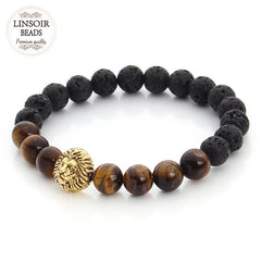 2017 Natural Stone Lion Head Charm Bracelet Black Lava Agates Created Tiger Eye Bead Yoga Bracelets For Women Pulseras F2823
