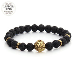 2017 Natural Stone Lion Head Charm Bracelet Black Lava Agates Created Tiger Eye Bead Yoga Bracelets For Women Pulseras F2823