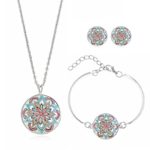 XUSHUI XJ women jewelry set Mandala Flower Yoga Om Symbol Glass Cabochon Stud Earring Silver Cuff bracelet necklace set Buddhism