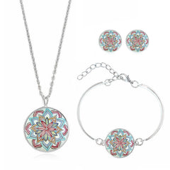 XUSHUI XJ women jewelry set Mandala Flower Yoga Om Symbol Glass Cabochon Stud Earring Silver Cuff bracelet necklace set Buddhism