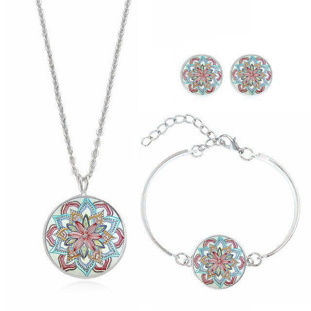 XUSHUI XJ women jewelry set Mandala Flower Yoga Om Symbol Glass Cabochon Stud Earring Silver Cuff bracelet necklace set Buddhism