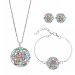 XUSHUI XJ women jewelry set Mandala Flower Yoga Om Symbol Glass Cabochon Stud Earring Silver Cuff bracelet necklace set Buddhism