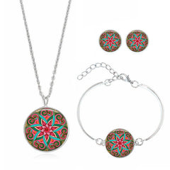 XUSHUI XJ women jewelry set Mandala Flower Yoga Om Symbol Glass Cabochon Stud Earring Silver Cuff bracelet necklace set Buddhism