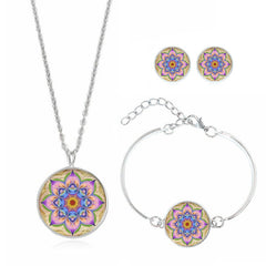 XUSHUI XJ women jewelry set Mandala Flower Yoga Om Symbol Glass Cabochon Stud Earring Silver Cuff bracelet necklace set Buddhism