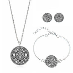 XUSHUI XJ women jewelry set Mandala Flower Yoga Om Symbol Glass Cabochon Stud Earring Silver Cuff bracelet necklace set Buddhism