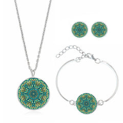 XUSHUI XJ women jewelry set Mandala Flower Yoga Om Symbol Glass Cabochon Stud Earring Silver Cuff bracelet necklace set Buddhism