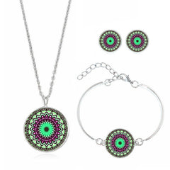 XUSHUI XJ women jewelry set Mandala Flower Yoga Om Symbol Glass Cabochon Stud Earring Silver Cuff bracelet necklace set Buddhism