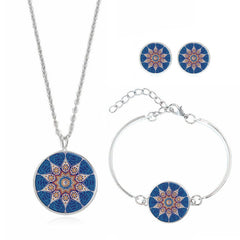 XUSHUI XJ women jewelry set Mandala Flower Yoga Om Symbol Glass Cabochon Stud Earring Silver Cuff bracelet necklace set Buddhism