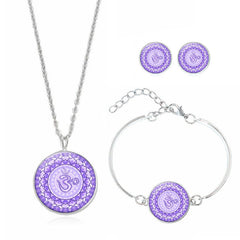 XUSHUI XJ women jewelry set Mandala Flower Yoga Om Symbol Glass Cabochon Stud Earring Silver Cuff bracelet necklace set Buddhism