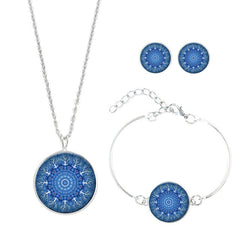 XUSHUI XJ women jewelry set Mandala Flower Yoga Om Symbol Glass Cabochon Stud Earring Silver Cuff bracelet necklace set Buddhism
