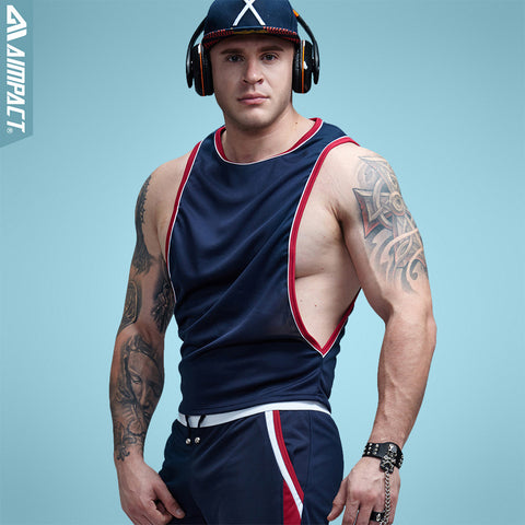 Aimpact Men's Vigor Tank Tops Fitness Bodybuiding Clothing Low Cut Side Arm Holes Mesh Activewear Summer Vest  Tank Tops SXB051