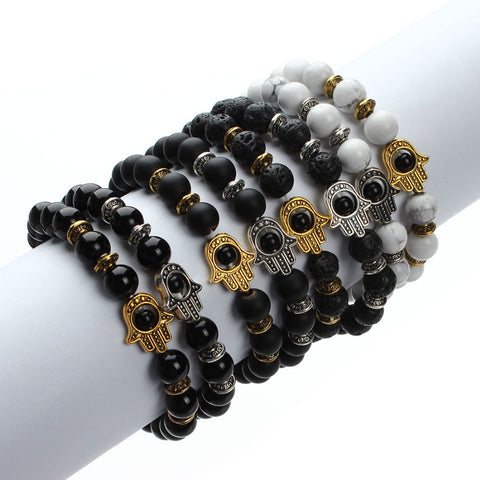 XINYAO 2017 Natural Stone Black Lava Beads Bracelet Men Gold Color Hamsa Hand Charm Energy Yoga Mala Bracelets For Women F2830