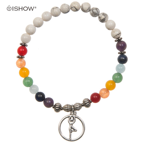 Women Men Bracelet White Multicolor Buddha Bead Wristband Antique Silver Jewelry Seven Chakra Yoga Meditation Pulsera