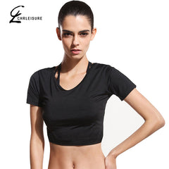 CHRLEISURE S-L  Activewear T shirt Women Workout Slim Black Crop Top Casual Polyester Bodybuilding Cropped Women Tops