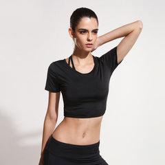 CHRLEISURE S-L  Activewear T shirt Women Workout Slim Black Crop Top Casual Polyester Bodybuilding Cropped Women Tops