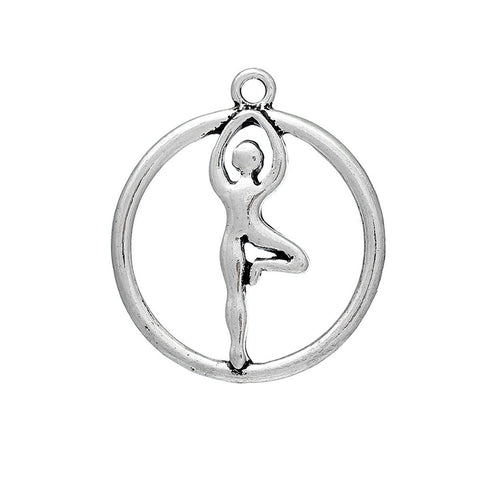 DoreenBeads Charm Pendants Round Antique Silver Yoga 34mm(1 3/8") x 30mm(1 1/8"), 5 PCs