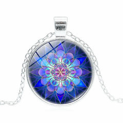 XUSHUI XJ Blue Mandala Yoga Jewelry Glass Cabochon Pendant Necklace Women Jewelry Silver Chain Mandala Necklace