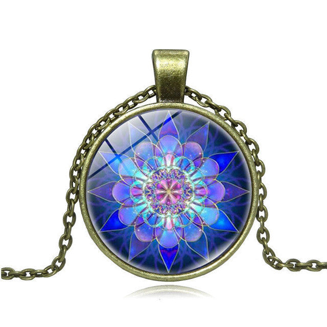 XUSHUI XJ Blue Mandala Yoga Jewelry Glass Cabochon Pendant Necklace Women Jewelry Silver Chain Mandala Necklace