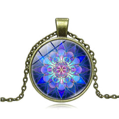 XUSHUI XJ Blue Mandala Yoga Jewelry Glass Cabochon Pendant Necklace Women Jewelry Silver Chain Mandala Necklace