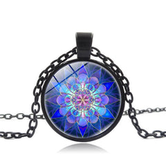 XUSHUI XJ Blue Mandala Yoga Jewelry Glass Cabochon Pendant Necklace Women Jewelry Silver Chain Mandala Necklace