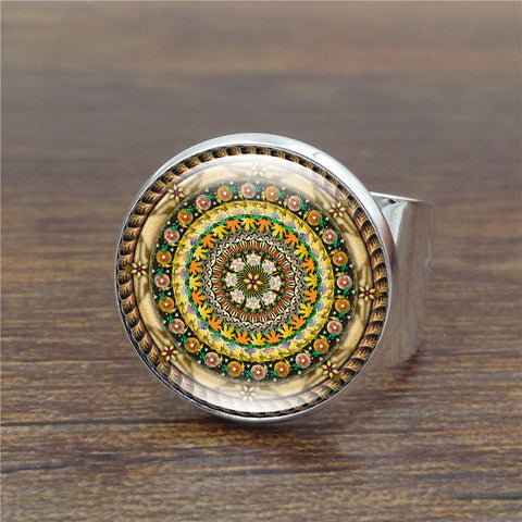 High Quality Yoga Om Symbol Rings for Women Jewelry Art Glass Dome Mandala Flower Vintage Silver Ring Adjustable Anillos Hombre