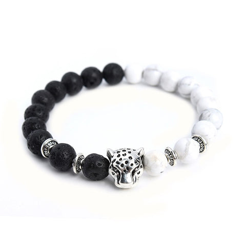 Drop Shipping Tibetan Leopard Head Yoga Womens Bracelet White Howlite&Black Lava Stone Beaded Bracelets Men Elastic Rope A02
