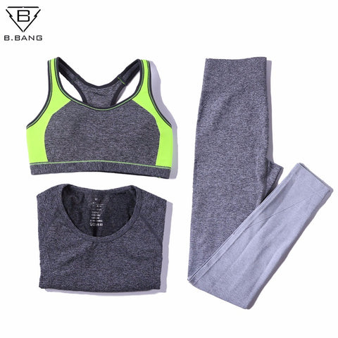 B.BANG 3 Pieces Women Yoga Sets Bra + Pants + Shirt Women Sports Sets for Gym Running Clothing Woman Fitness Clothing